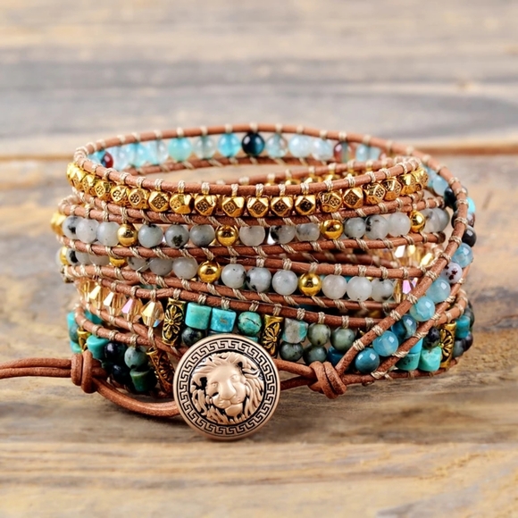 Handmade Leather & Stone Chrysocolla Bracelet - Picture 3 of 6